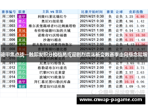 德甲焦点战一触即发积分榜格局或迎剧烈震荡新变数赛季走向悬念陡增